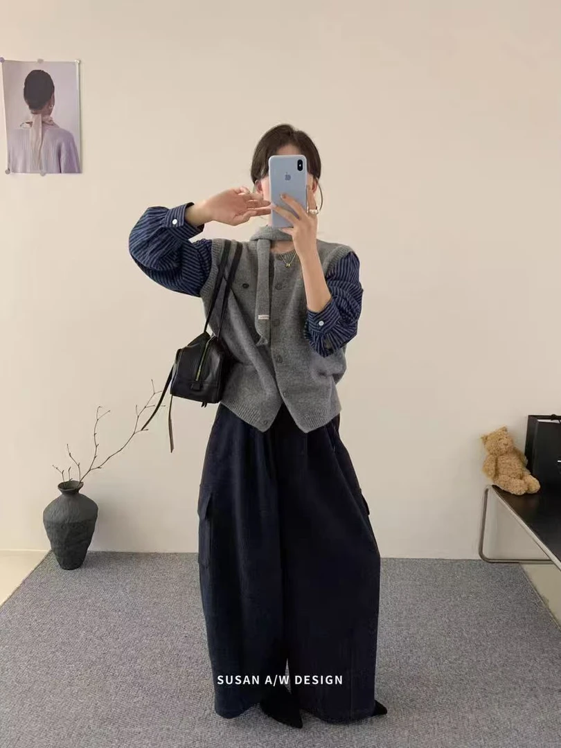 秋冬季拼色舒适满满条纹假两件排扣针织开衫(配围脖)毛衣假两件