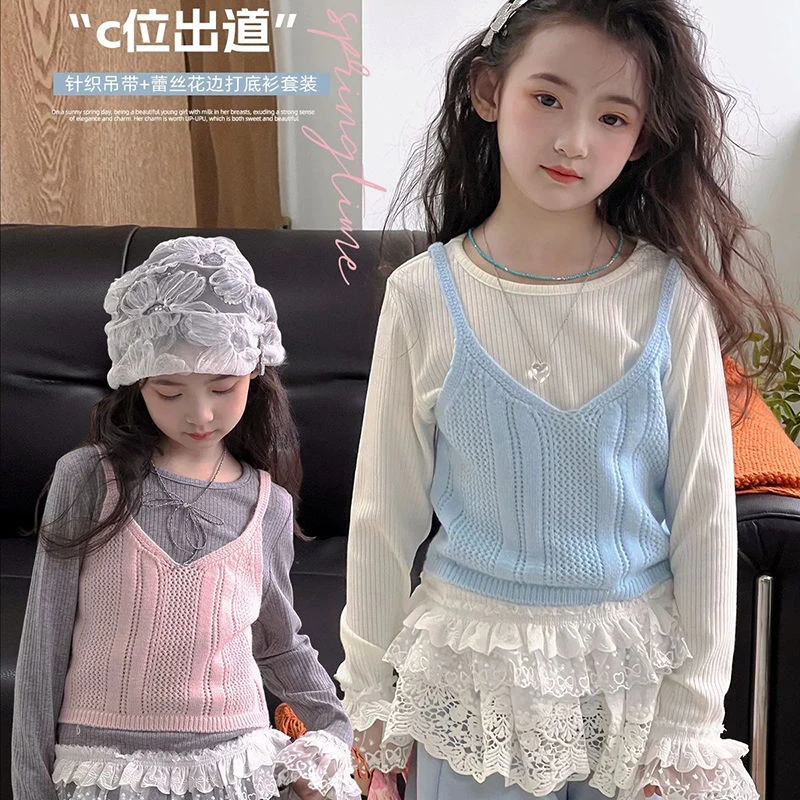 女童套装2025春季新款儿童针织背心两件套韩版中大童外穿吊带T恤