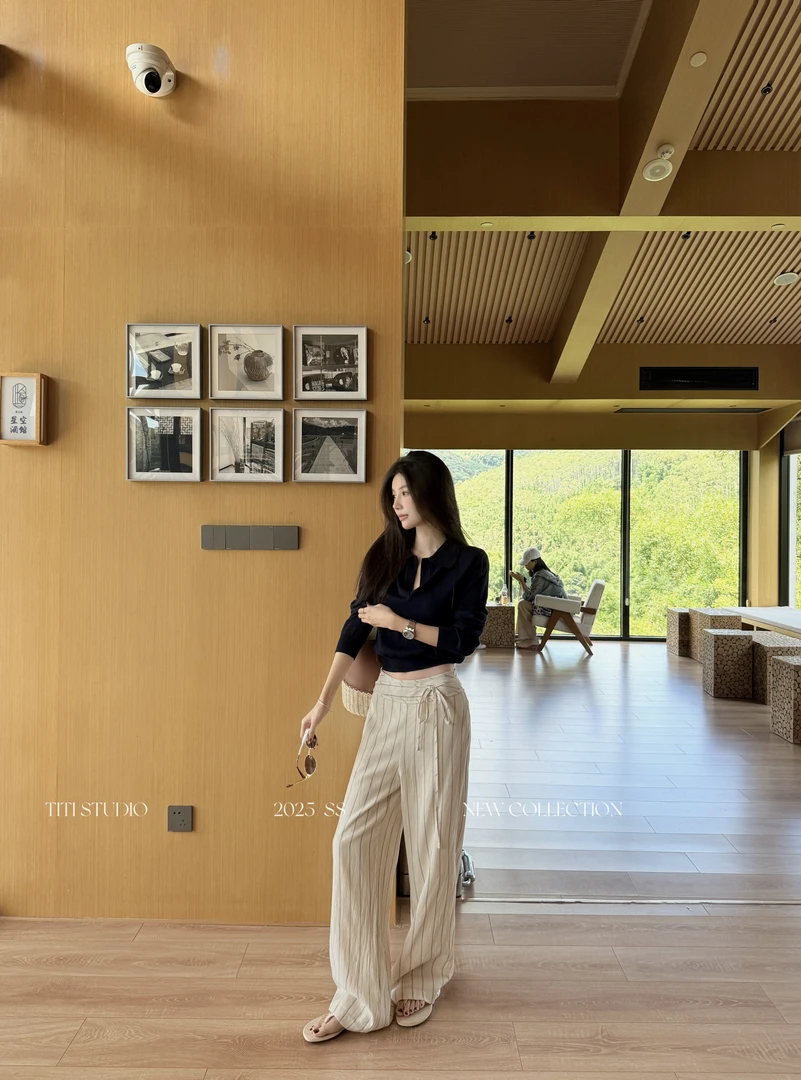 TITI - STUDIO“高智淡人” 老钱风Polo领针织衫慵懒简约条纹裤套装