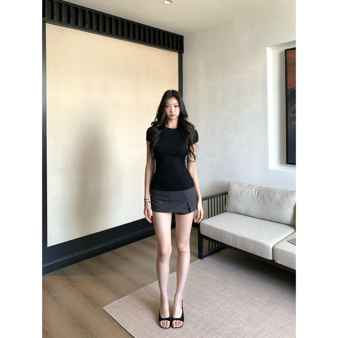 withmin凉皮 冰爽搭配 中腰竖条纹开叉西装包臀短裙辣妹2523483