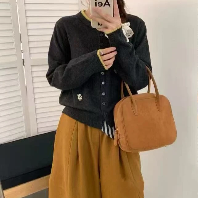 玲姐定制-撞色假两件图案款单排扣设计感针织开衫Q74 454731