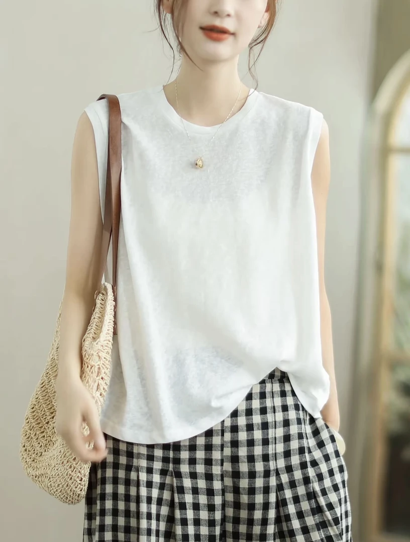 文艺夏季背心女圆领时尚百搭复古雪花棉旅游穿搭新款简约宽松T恤