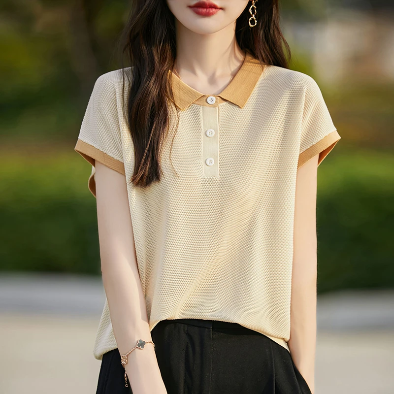 常规款娃娃领短袖透气简约桑蚕丝女T恤条纹百搭宽松气质女士显瘦
