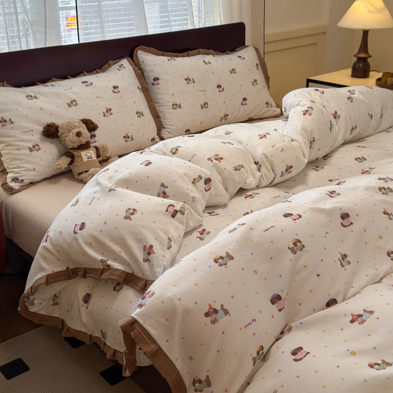 卡通风汪汪队双层纱皱皱花边床上四件套纯棉100%全棉被套床单床笠