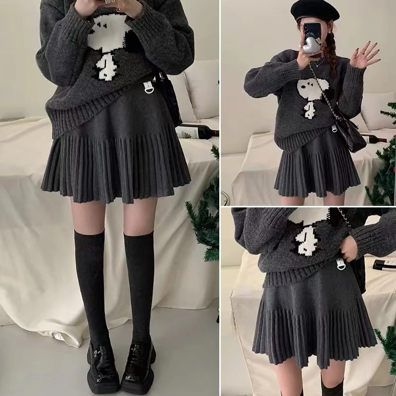 秋冬新款百搭针织高腰短裙大码女装秋冬A字裙针织百褶裙女半身裙