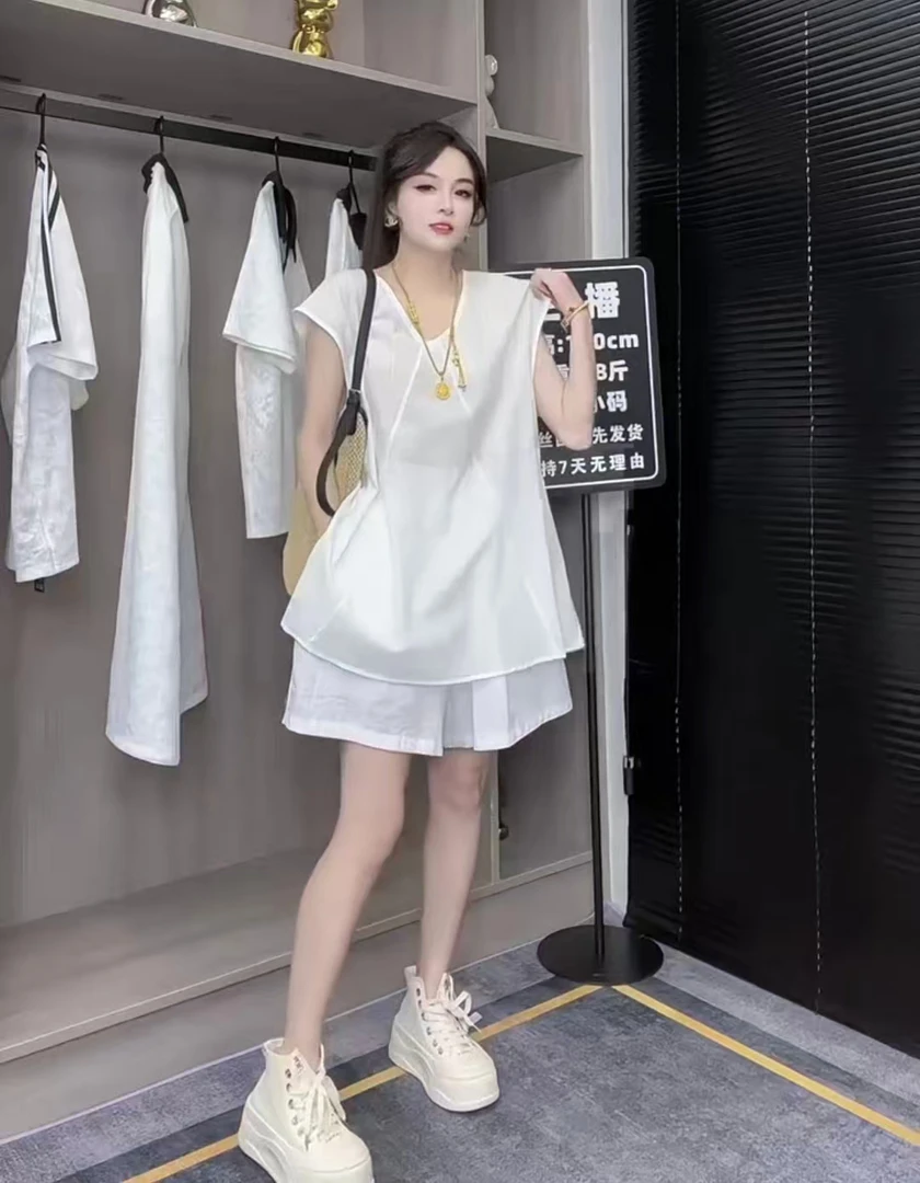 2025夏季新款时尚显瘦气质斜襟上衣松紧腰短款套装9792