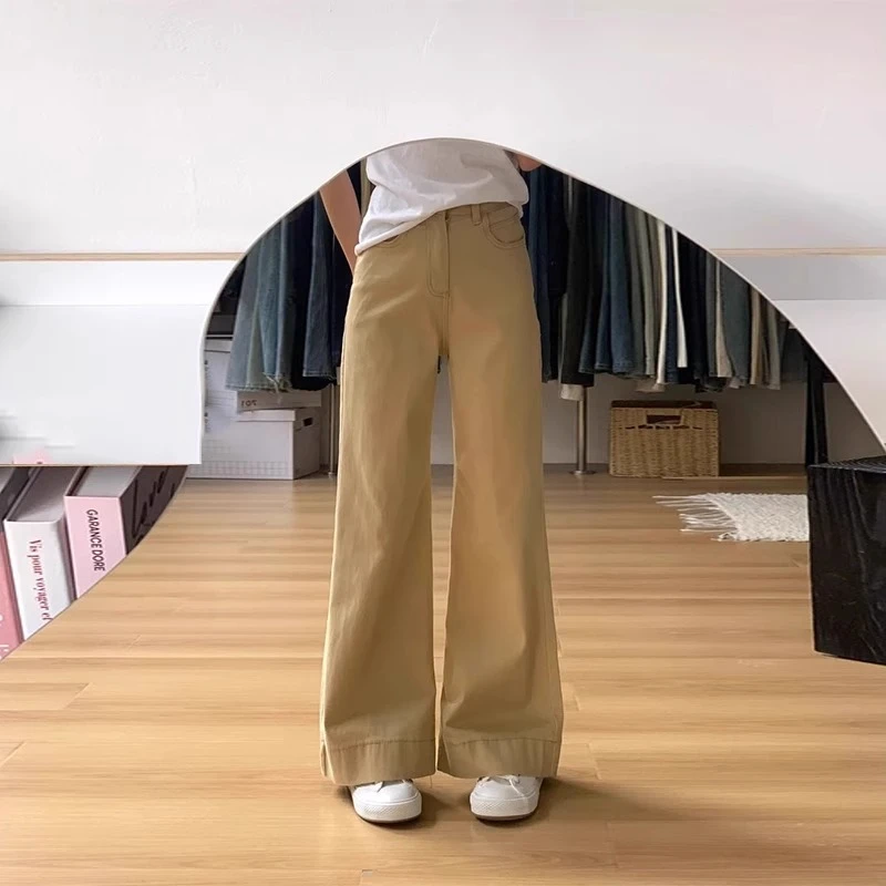 卡其色慵懒阔腿微喇牛仔裤女夏薄款2025新款小个子高腰显瘦休闲裤