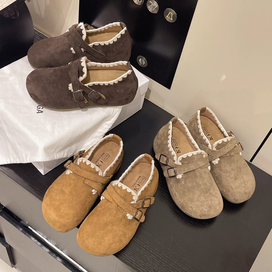 花边款内增高5CM厚底全包勃肯鞋秋新款复古一脚蹬乐福鞋女豆豆鞋
