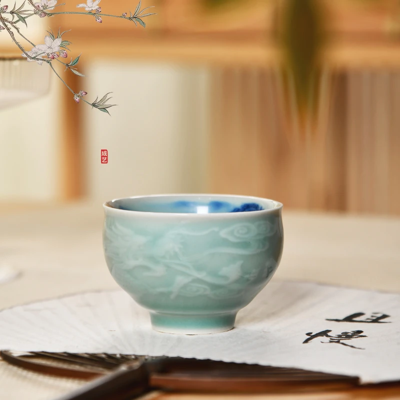 复古青祥龙思源杯手绘青瓷主人杯喝茶陶瓷茶杯纯手工色釉压手杯