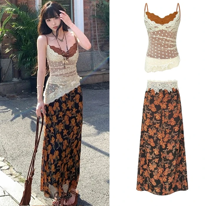 盛夏栀子不规则波点纯欲蕾丝吊带+碎花长裙半身裙套装