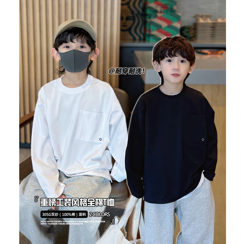 凯文家童装2025年春季新款男童中大童韩版圆领儿童套头口袋打底衫