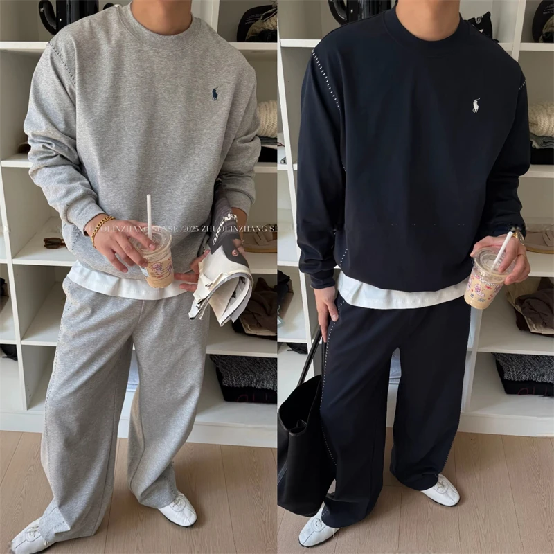 复古小马标刺绣圆领卫衣长裤两件套男秋季高级感纯色休闲运动套装