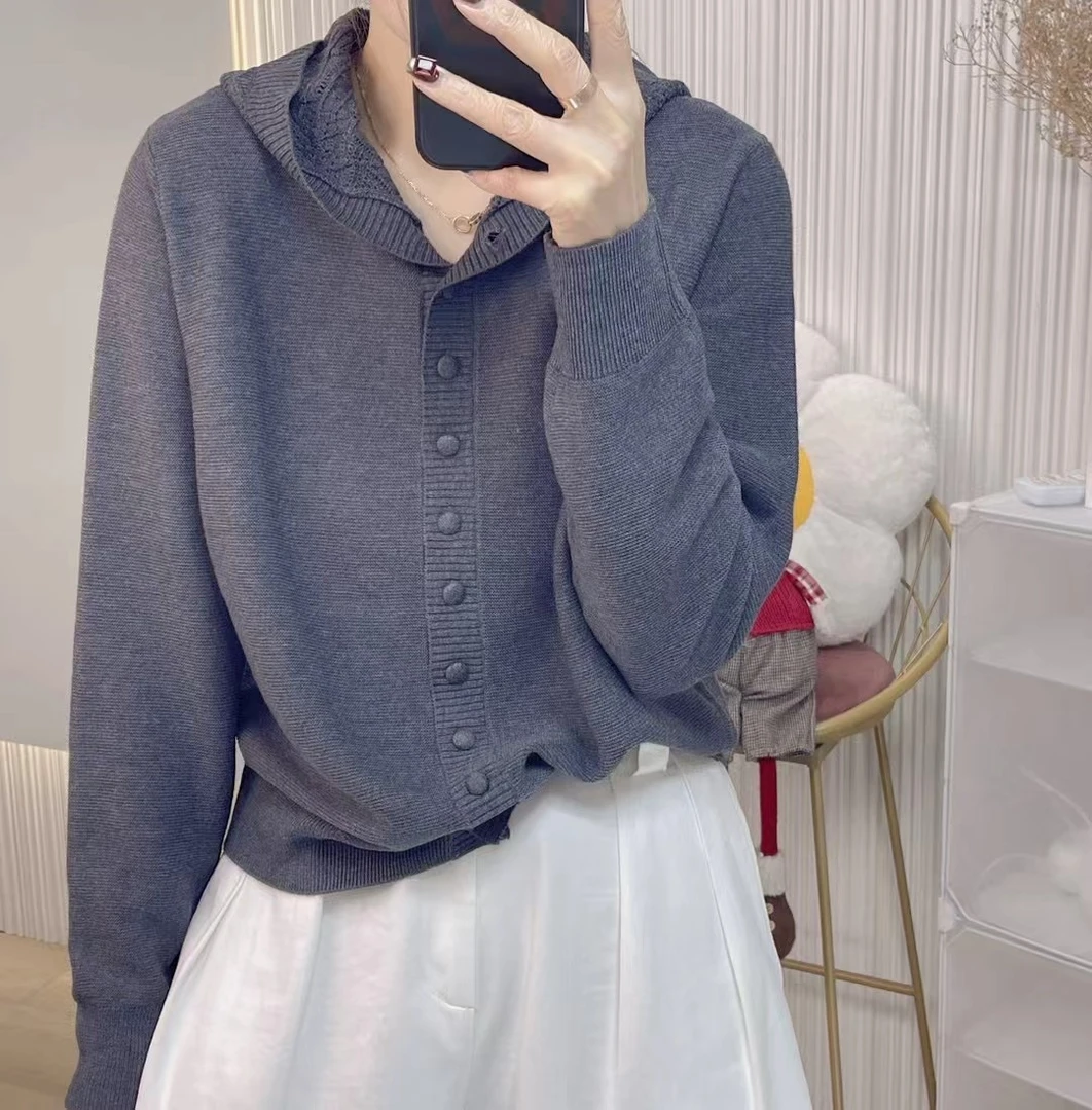 216#2025春季新款长袖针织开衫连帽毛衣外套宽松显瘦百搭上衣女