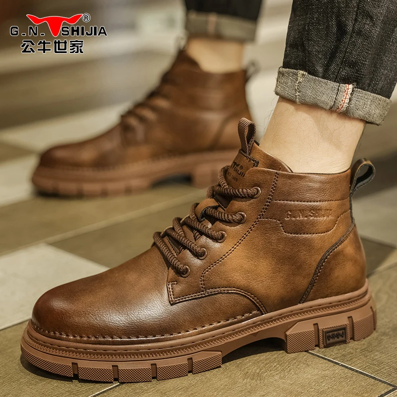 公牛世家冬季新款马丁靴英伦休闲防滑百搭英伦风男鞋工装靴短靴