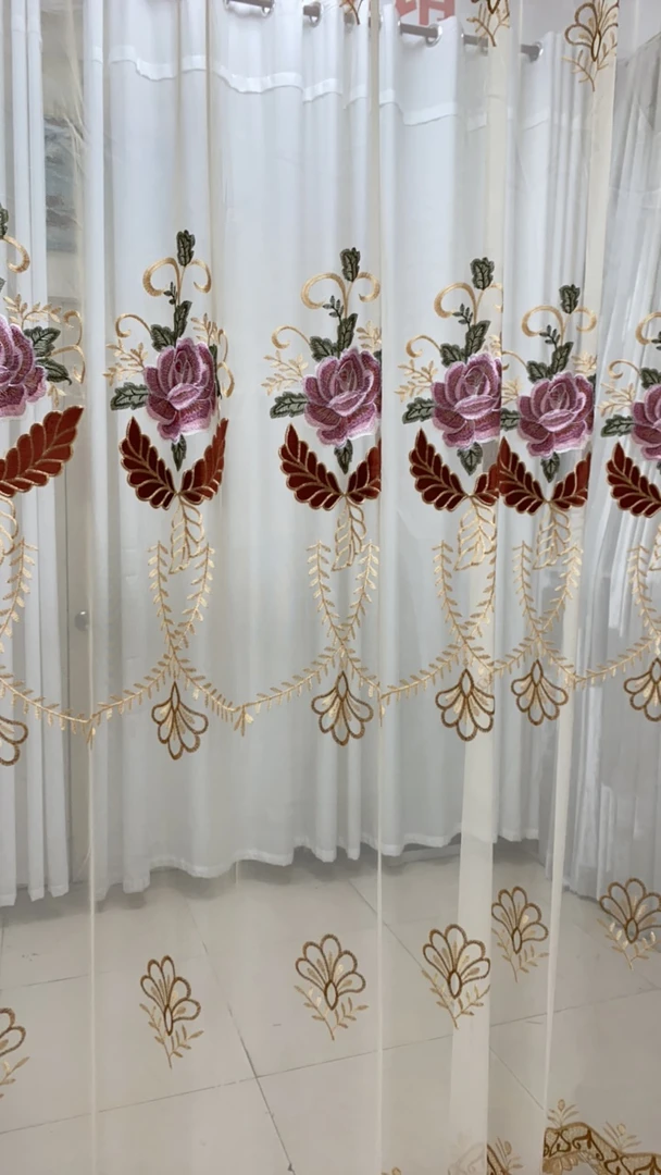 米色纱帘 牡丹花刺绣纱帘4.9米一片
