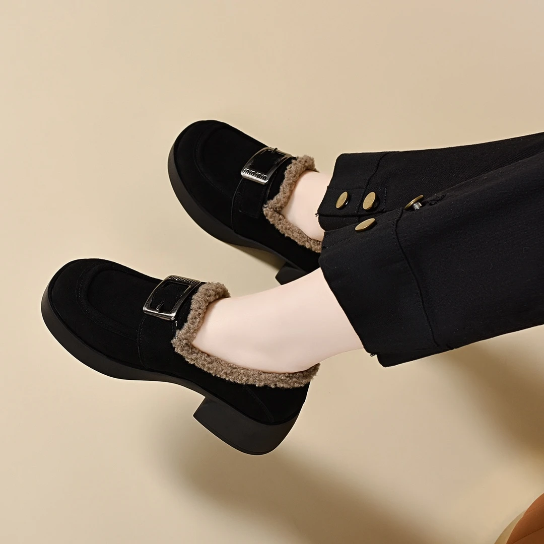 厚底乐福鞋加绒秋冬季2025新款真皮保暖女款棉鞋加厚粗跟软底单鞋