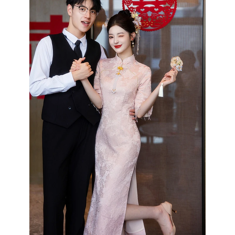 新中式粉色旗袍改良2024新款订婚连衣裙平时可穿敬酒服新娘晚礼服