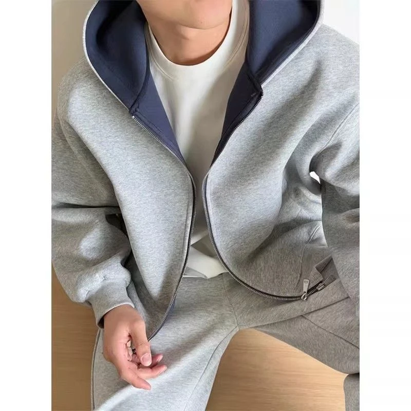 仓石一树韩版蓝灰撞色设计感连帽开衫卫衣男秋季新款宽松休闲外套