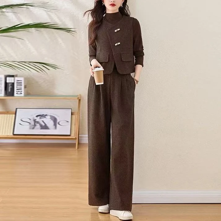 高级感气质马甲显瘦高腰阔腿裤三件套女2025春季新款休闲时尚套装