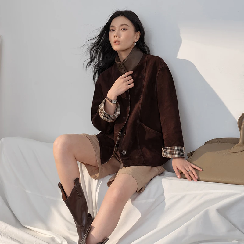 卡洛尔菲真皮皮衣外套女绒面棕色夹克2025年新款爆款海宁绵羊皮