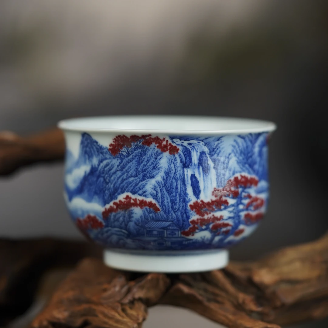 （精选）云山片玉青花釉里红山水大炉式杯景德镇陶瓷高端茶具