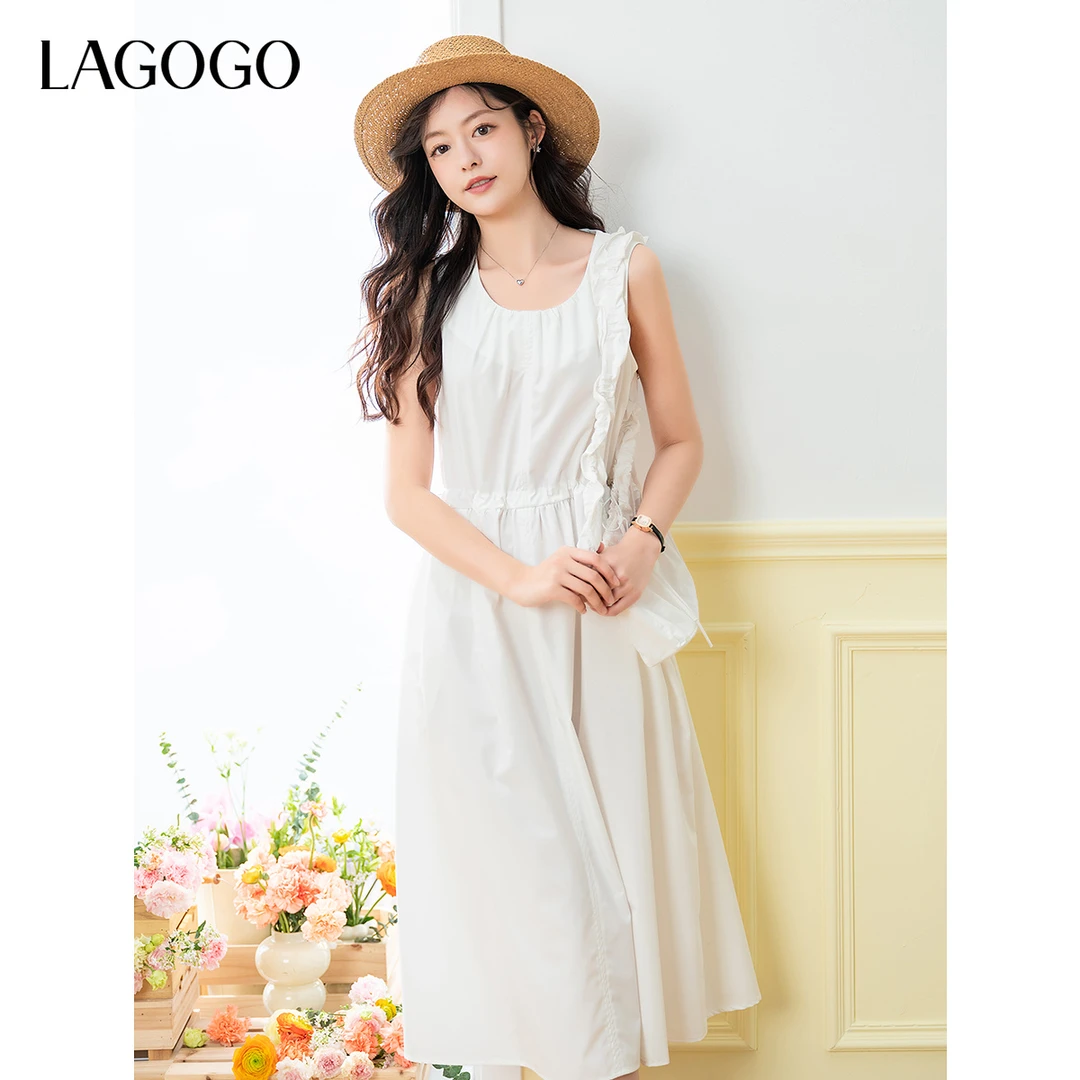 【大瑶】lagogo2025新款经典圆领气质无袖小白裙女OALL233G49