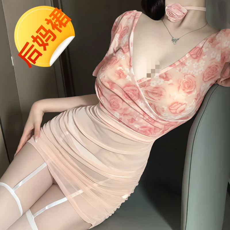 内衣纯欲玫瑰印花深V诱惑包臀裙睡衣禁欲系制服夏季套装薄款睡衣