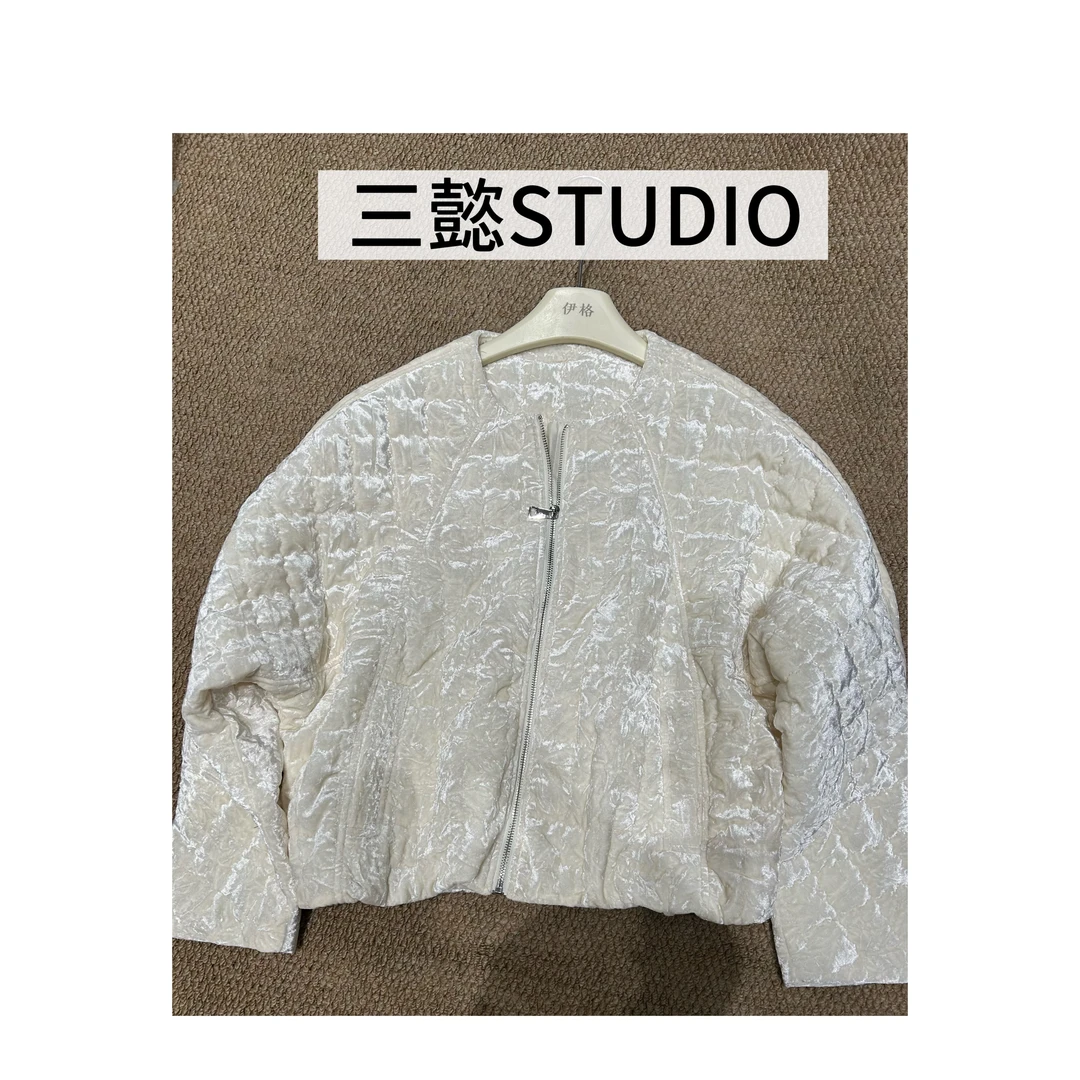 【三懿服饰】秋冬新款格子拉链纯色简约显瘦百搭丝绒外套-25883