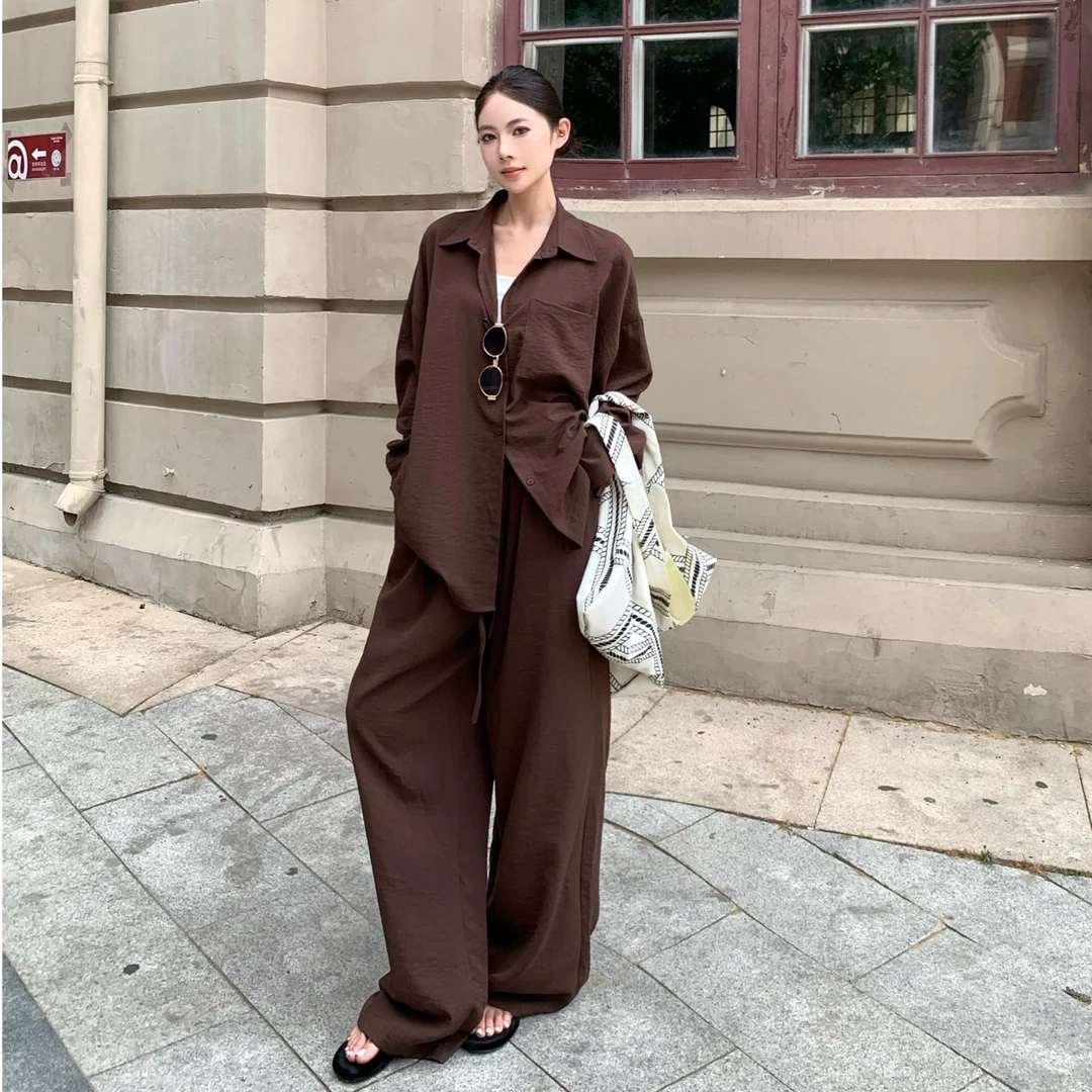 小众时尚衬衫套装高腰系带阔腿裤休闲裤简约慵懒老钱风衬衫开衫