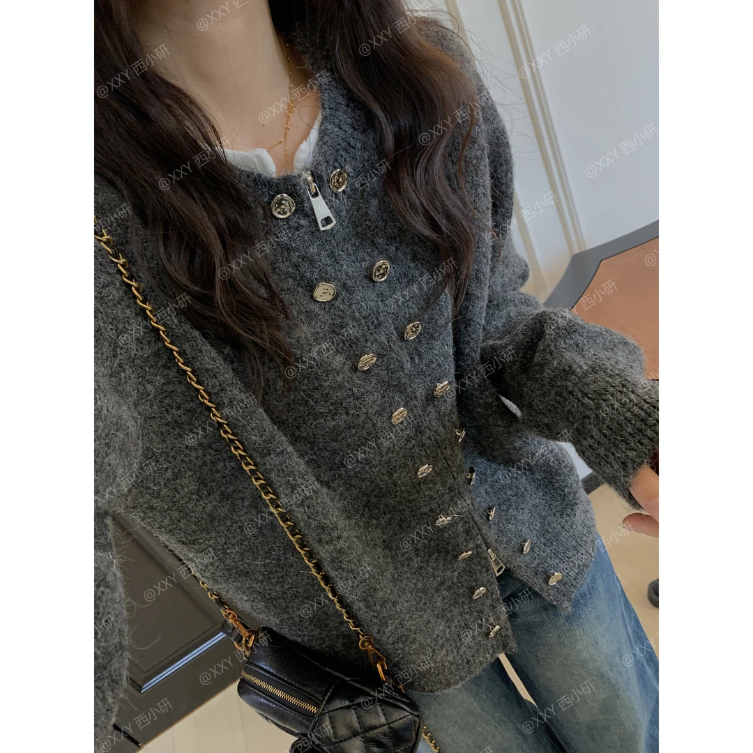 【双排扣拉链】8羊毛早春 气质精致开春小开衫百搭慵懒风圆领宽松