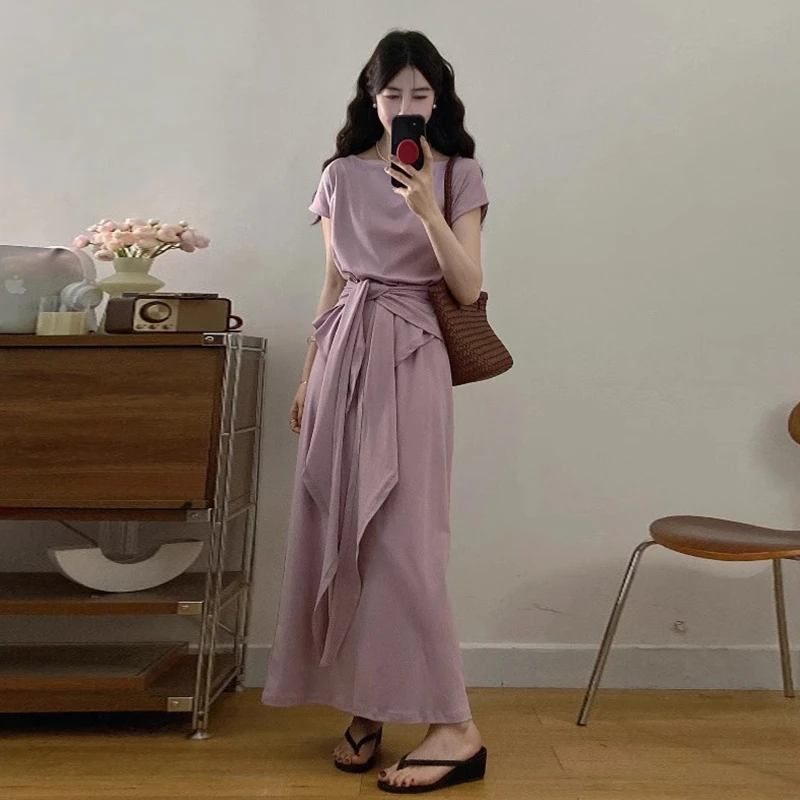 法式紫色连衣裙长款套装夏季2025新网红洋气炸街小众女装掐腰长裙
