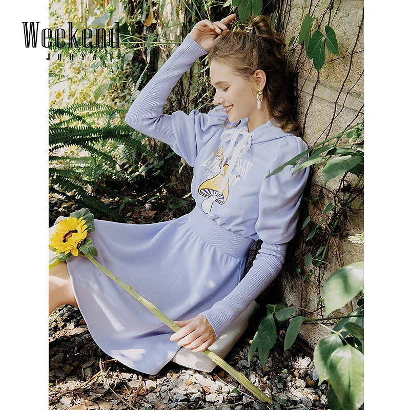 卓雅周末学院风泡泡袖收腰连帽卫衣连衣裙EJWCCQ40