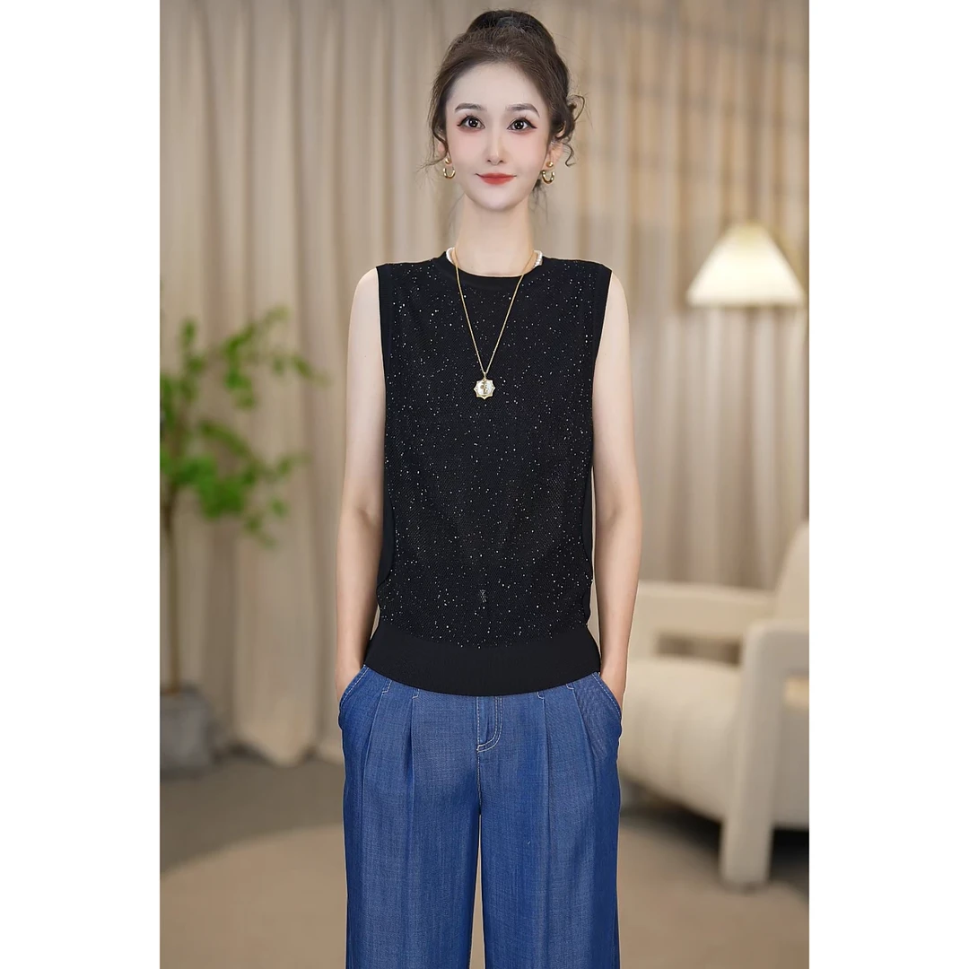 阿玛施【官方正品】25新款时尚造型镂空亮片无袖针织马甲女538015