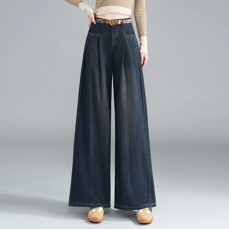美式复古阔腿牛仔裤女2025新款春季时尚宽松休闲裤百搭长裤大脚裤