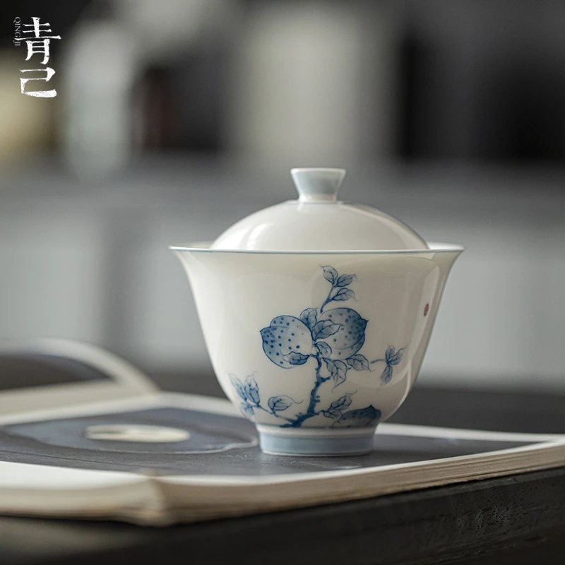 青己薄胎家用手绘盖碗 新中式玉泥青花寿桃 功夫茶具陶瓷泡茶碗