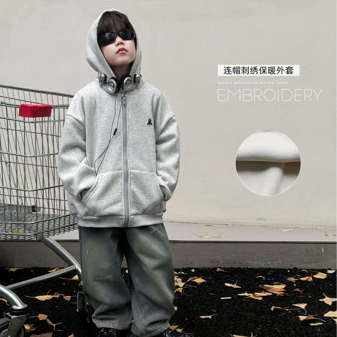 【Q】加绒连帽刺绣拉链开衫FD052