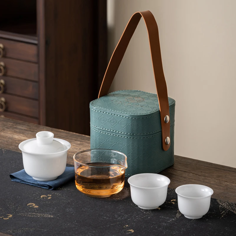 便携旅行茶具套装户外功夫陶瓷轻奢车载伴手礼实用茶杯高端羊脂玉