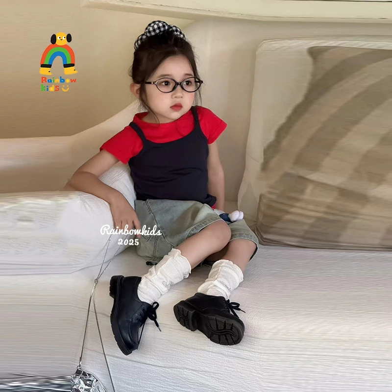 【彩虹家】2025夏款纯色上衣两件套牛仔裤套装-88422