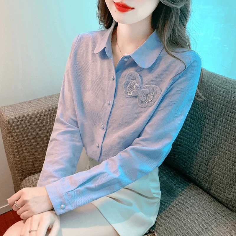 春秋季2024新款女装提花全棉衬衫女长袖时尚减龄百搭衬衣洋气上衣