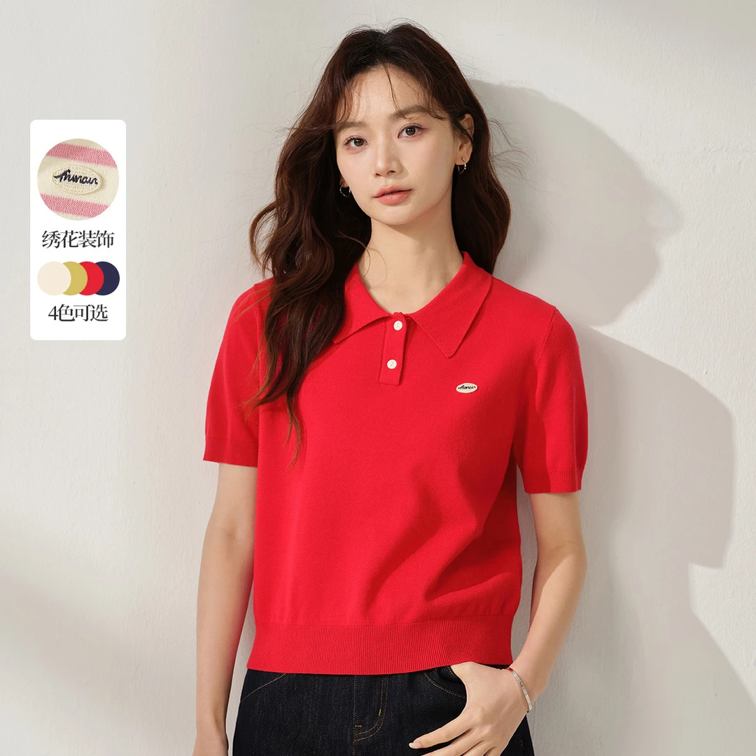 【视频同款】茵曼夏季POLO领短袖针织衫女舒适透气学院风薄款上衣