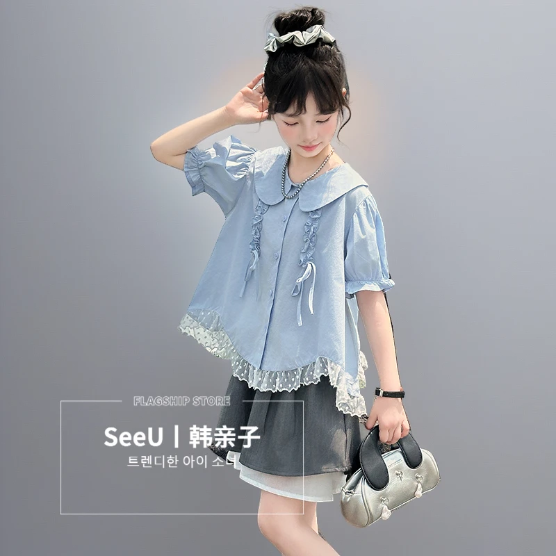 衬衫短袖女童日系女童学院风不规则时髦洋气百搭裤子短裤新款童装