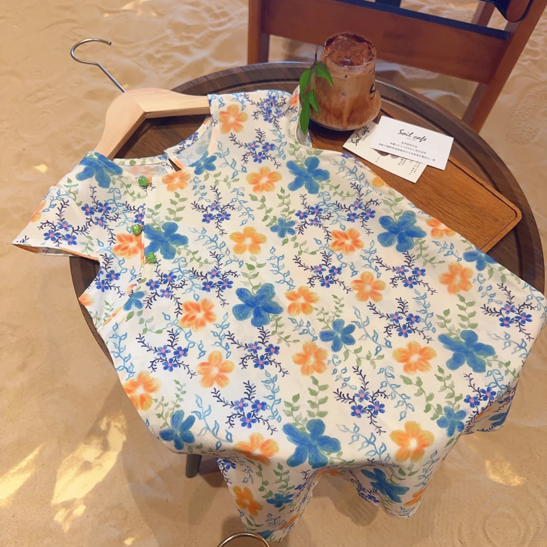 蓝风铃圆领国风棉绸旗袍2025夏季国风女童长款印新中式旗袍