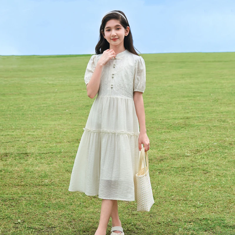 1287女童新中式刺绣连衣裙儿童夏季新款法式洋气长款高腰显瘦长裙