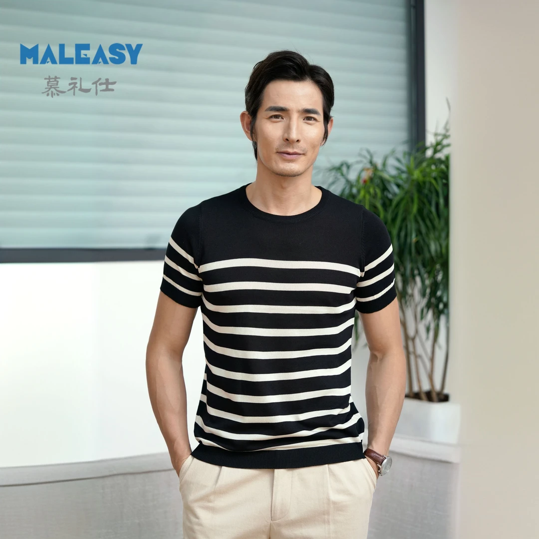 MALEASY/慕礼仕条纹短袖毛衣男春夏季薄款针织衫t恤男士打底衫