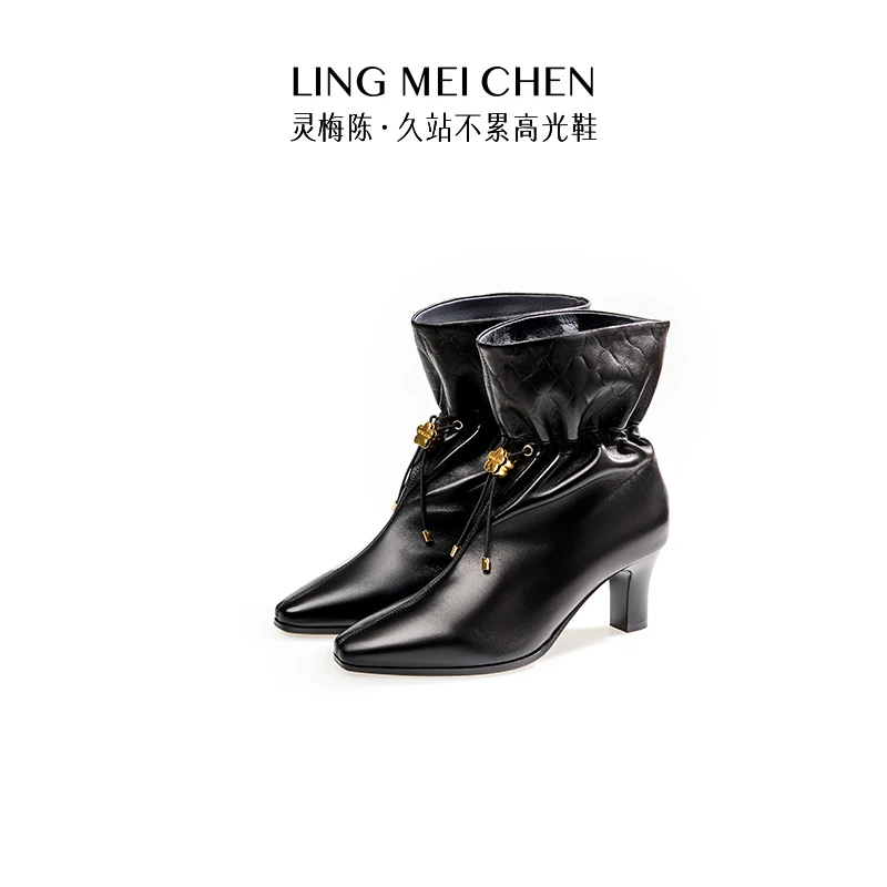 【梅花扣】羊皮黑色秋冬气质时尚真皮靴子显瘦灵梅陈高跟尖头短靴