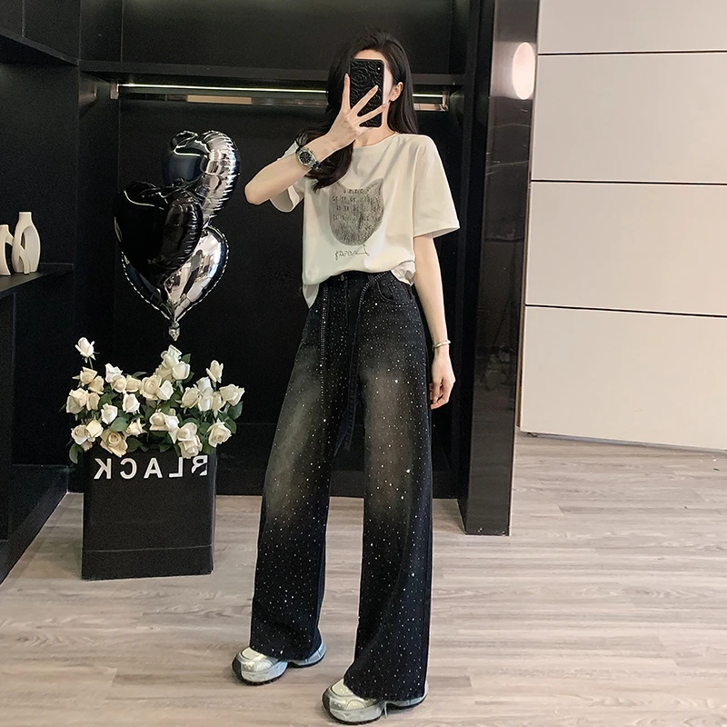 高级感时尚炸街烫钻猫咪短袖T恤套装女夏季小众设计满钻牛仔裤装