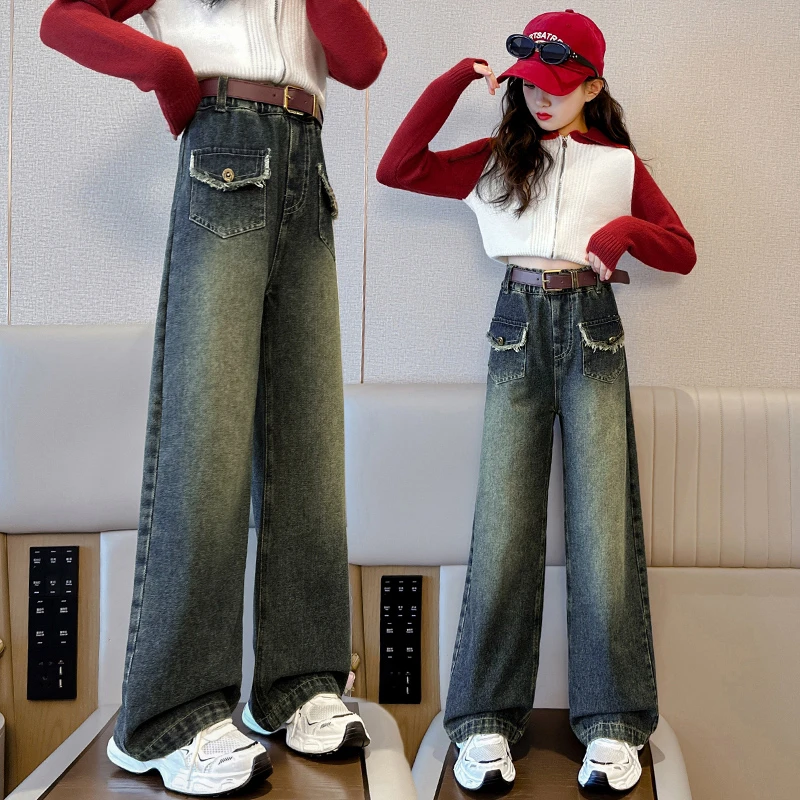 女童牛仔阔腿裤2025年儿童裤子春秋款复古色长裤外穿中大童秋季装