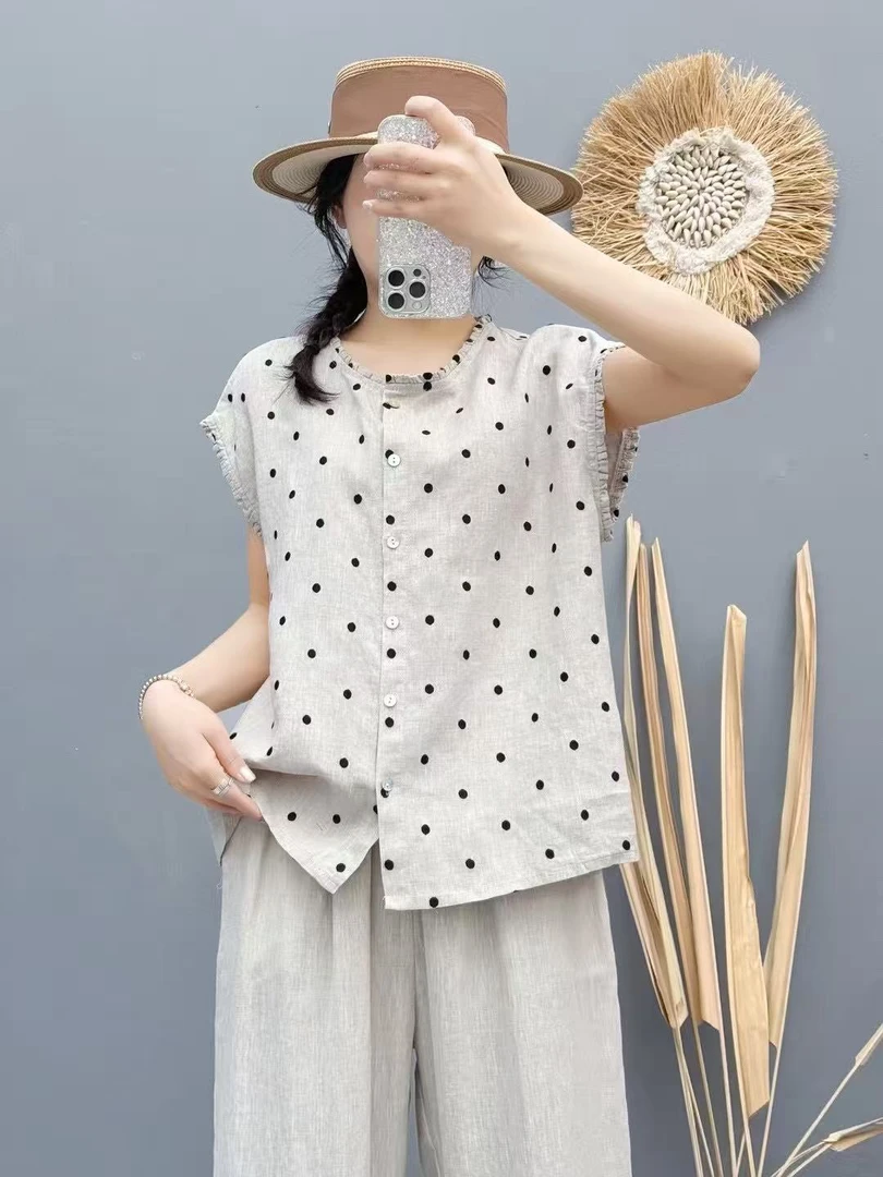 女士波点花边领波点亚麻小衫