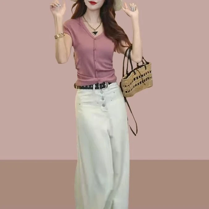 2025夏季新款休闲V领纽扣短袖T恤女宽松阔腿裤两件套气质时尚套装