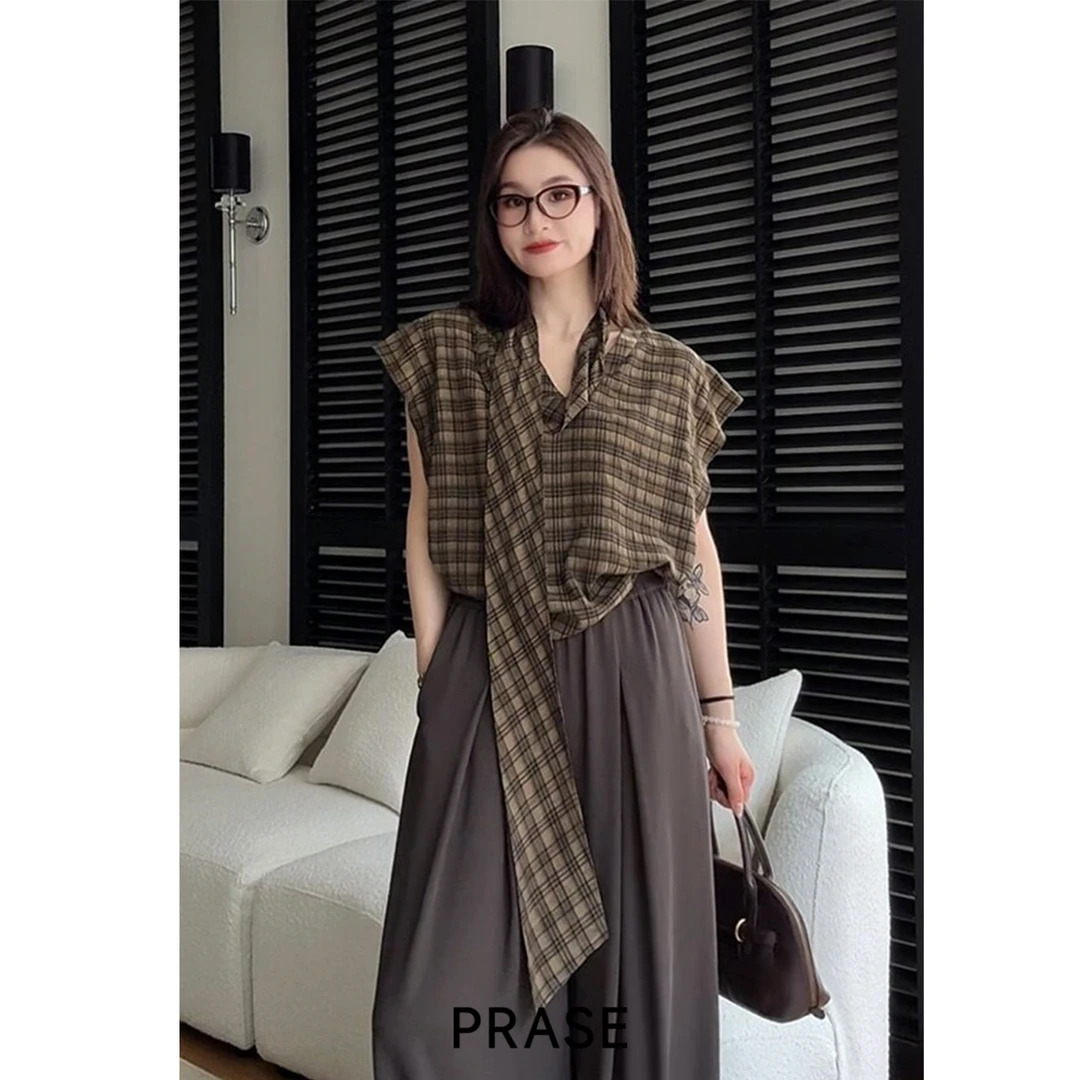 PRASE·噜【苔原方格】微胖轻奢设计款夏女V领飘带格纹小衫PR506S72
